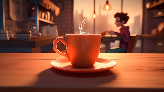 Una representación 3D de una figura 3D de contenido disfrutando de una taza caliente de café en una mesa de café moderna