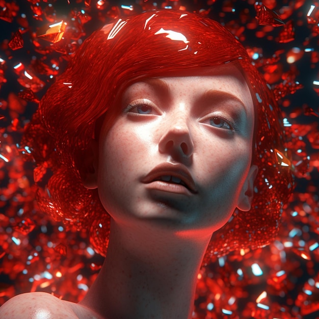 Representación 3D de una figura femenina con pelo rojo en un fondo rojo