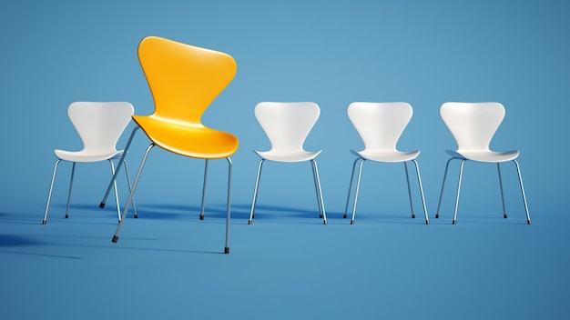 Representación 3D de una fila de sillas azules y una amarilla contrastante