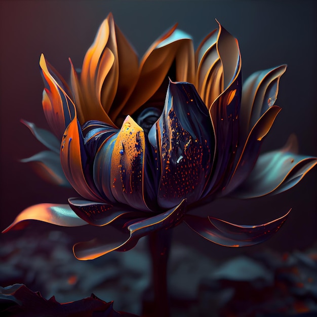 Representación 3d de una flor de loto en la oscuridad con colores azul y naranja