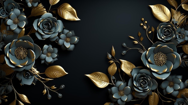Representación 3D de flores doradas y azules sobre fondo negro