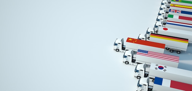 Representación 3D de una flota de camiones con diferentes banderas