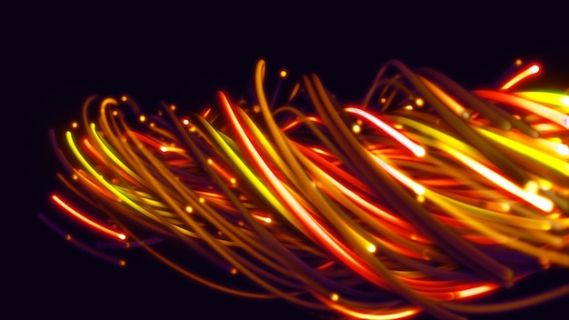 Representación 3D de un fondo abstracto colorido de cuerdas, líneas, cintas, fibras o cables