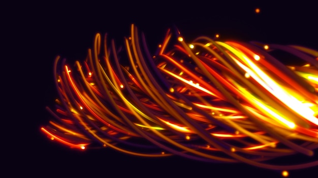 Representación 3D de un fondo abstracto colorido de cuerdas, líneas, cintas, fibras o cables