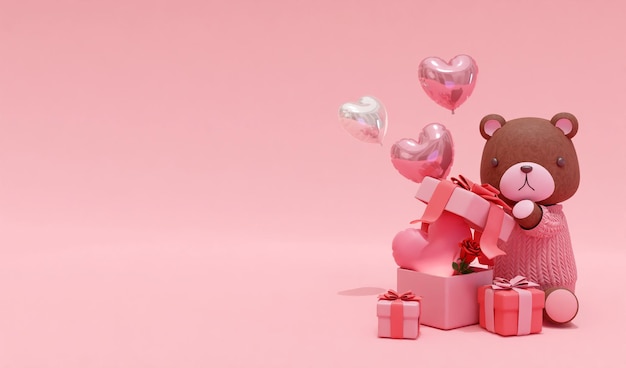 Representación en 3D del fondo bonito corazón de oso globos caja de regalo
