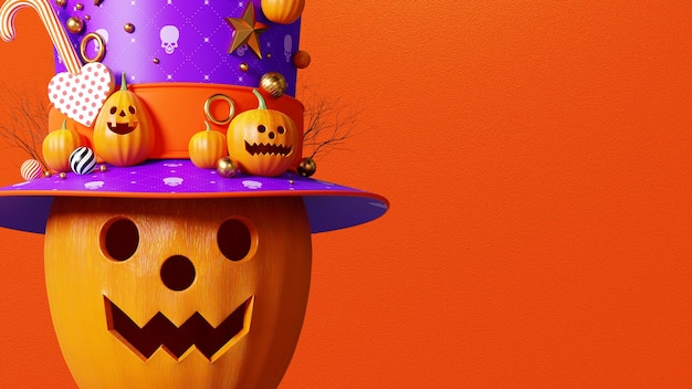 Representación 3D de fondo de calabaza de Halloween, hermosa decoración de cabeza de calabaza, textura áspera naranja