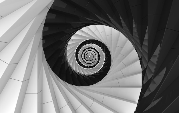 Representación 3D. Fondo de escaleras de caracol blanco y negro alternativo. yin yang de estilo oriental.