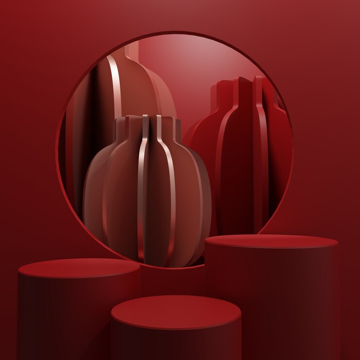Representación 3D Fondo de exhibición de producto de estilo chino minimalista rojo monocromo para eventos y productos del Festival de la bota del dragón o luna de año nuevo lunar Decoración de linterna china o japonesa