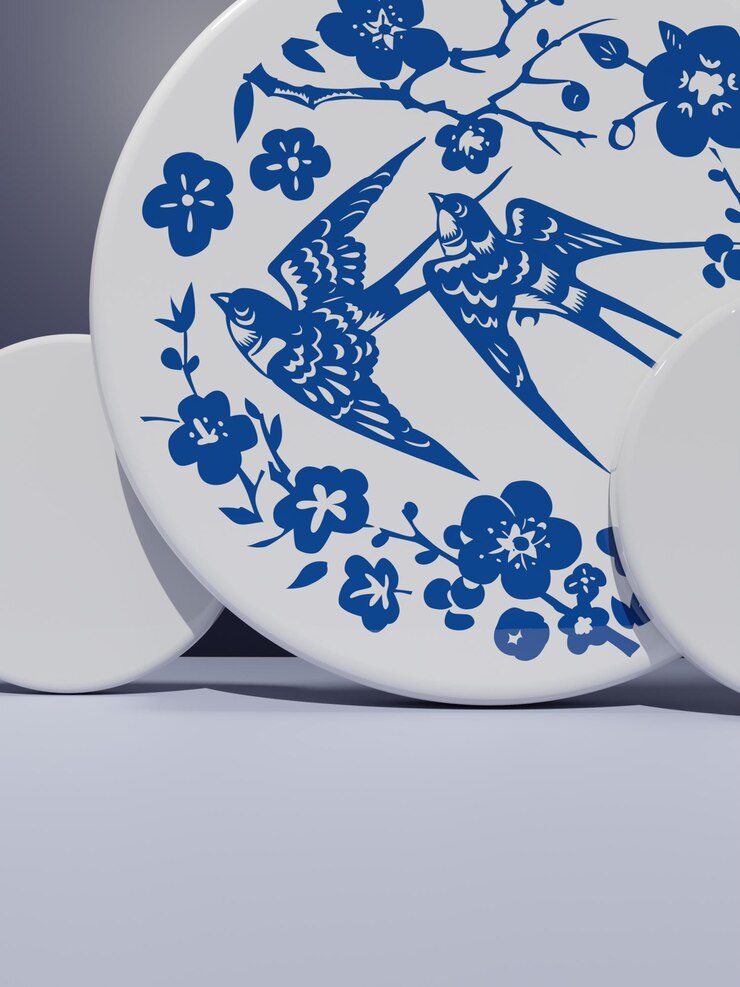 Representación 3D Fondo de exhibición de productos de porcelana de estilo asiático chino japonés o coreano brillante para alimentos festivos, bebidas y productos de belleza