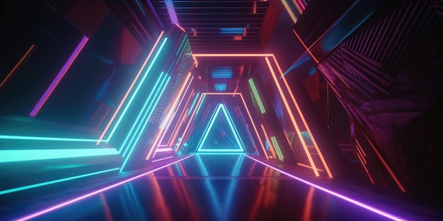 Representación 3D de un fondo futurista con formas geométricas y luces de neón de colores AI generativo AIG21