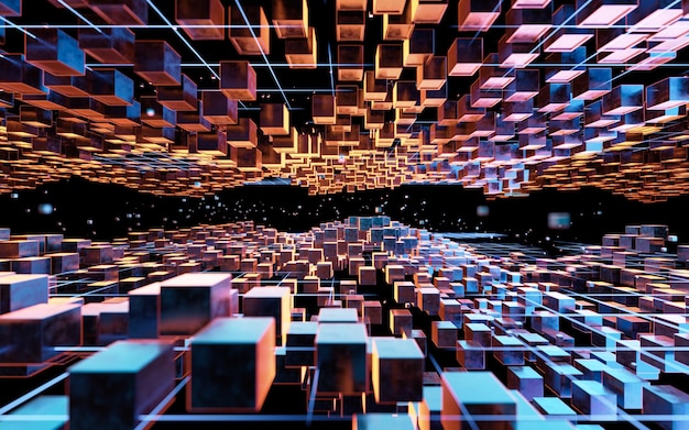 Representación 3d del fondo de la geometría conceptual del espacio ciberpunk cúbico