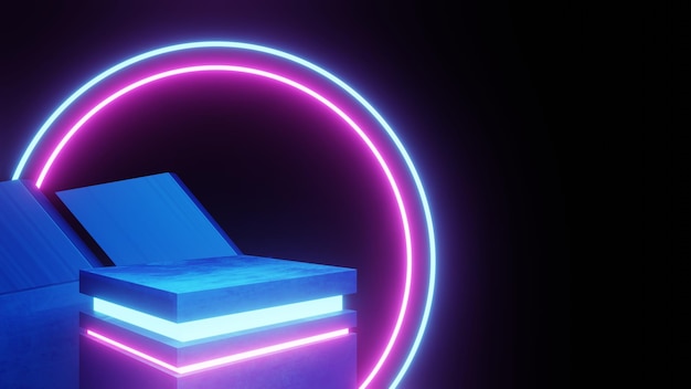 Representación 3d de fondo geométrico abstracto brillante de neón púrpura y azul. Ilustración de ciencia ficción