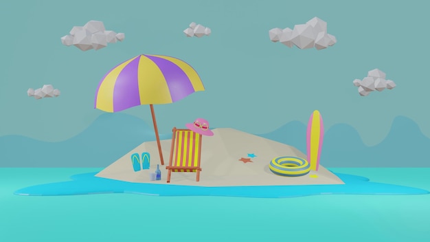 Representación 3D del fondo de la isla de la playa con sombrero de sombrilla, gafas de sol, zapatillas de surf, jugo de estrellas de mar y uso del mar para publicidad de viajes