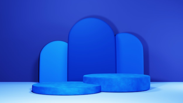 Representación 3D del fondo de la maqueta. Podio para mostrar producto. Escaparate de escena en blanco con escenario redondo vacío.