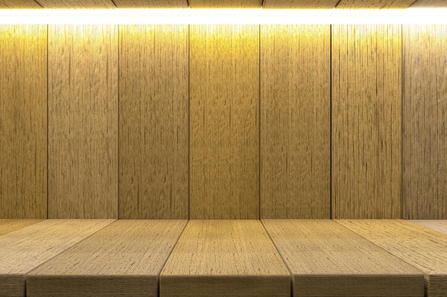 Representación 3D, fondo de mesa de madera de estante para exhibición de productos, fondo de textura de madera