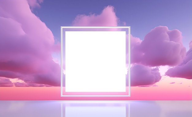 Representación 3d de fondo minimalista abstracto de nubes pastel y marco cuadrado lineal vacío brillando con luz de neón IA generativa