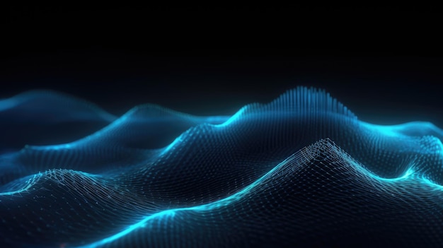 Representación 3D de un fondo moderno con un diseño de onda de partículas que fluyen azulesGenerative AI AIG21