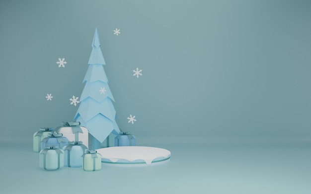 Representación 3D de fondo de Navidad o invierno con caja de regalo, copos de nieve y árbol