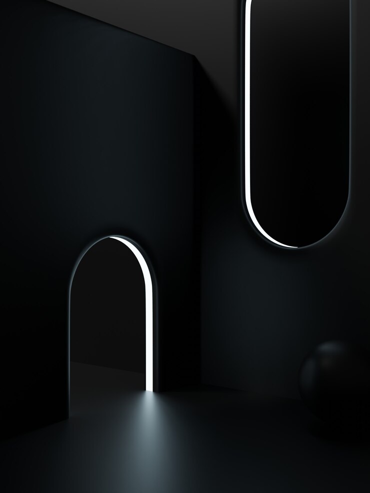 Representación 3D Fondo de pantalla de producto de disparo de estudio negro de cuarto oscuro con formas geométricas