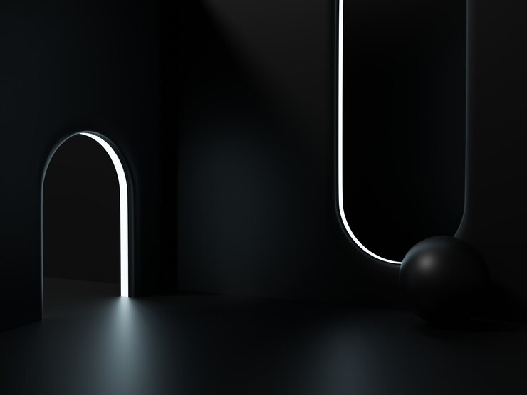 Representación 3D Fondo de pantalla de producto de disparo de estudio negro de cuarto oscuro con formas geométricas