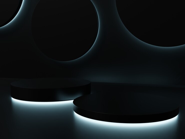 Representación 3D Fondo de pantalla de producto de disparo de estudio negro de cuarto oscuro con formas geométricas