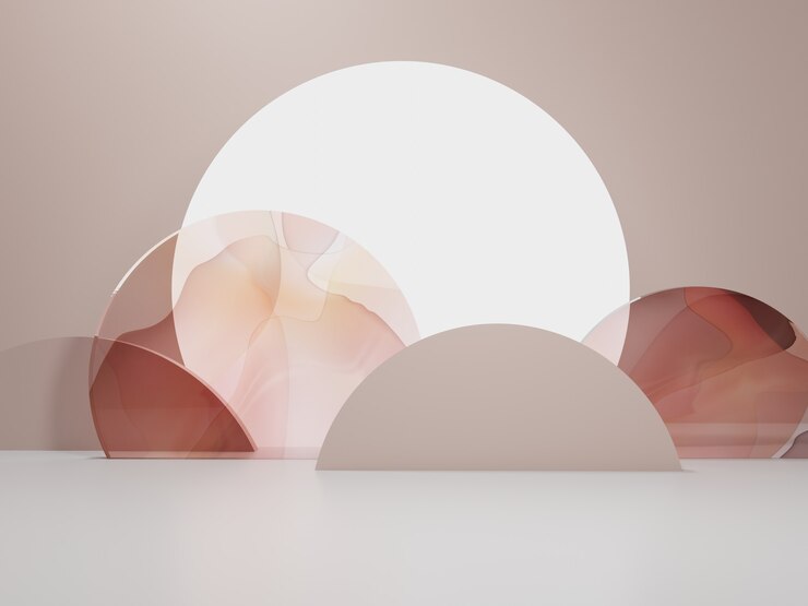 Representación 3D Fondo de pantalla de producto de estilo asiático chino japonés o coreano Luna brillante Pantalla de vidrio de acuarela y accesorios de corte de papel para alimentos festivos, bebidas y productos de belleza