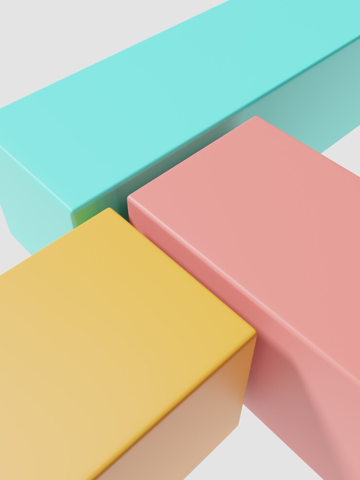Representación 3D de fondo de pantalla de producto geométrico mínimo con tres bloques de plataforma, amarillo, rosa y turquesa