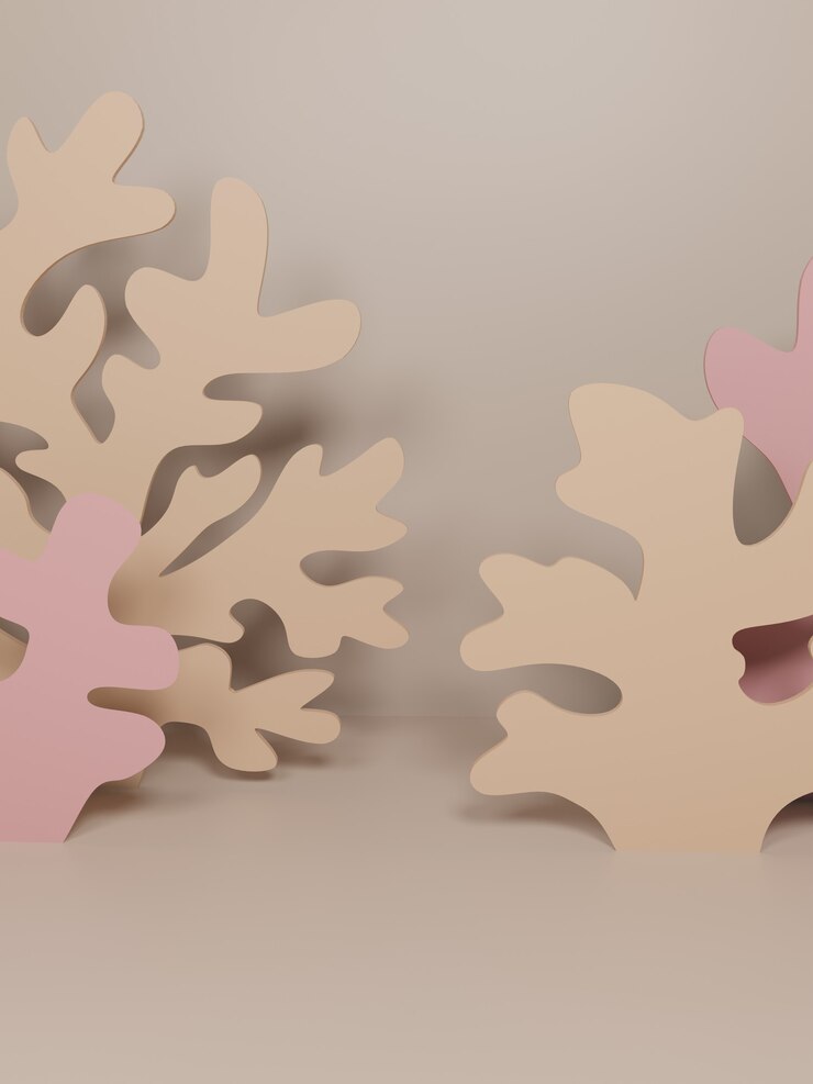 Representación 3D Fondo de pantalla de productos de coral y algas cortados en papel de tema subacuático para productos médicos y de salud para el cuidado de la piel Colores rosa y beige