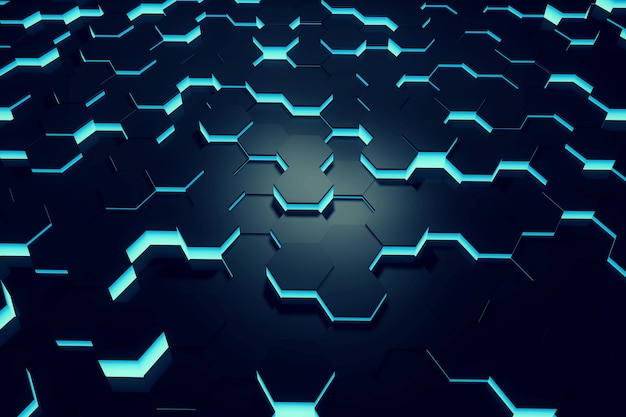 Representación 3D de fondo de patrón hexagonal azul brillante