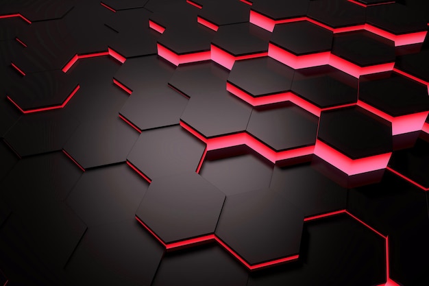 Representación 3D de fondo de patrón de hexágono rojo brillante