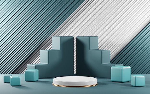 Representación 3D de fondo de producto en blanco para cosméticos en crema Fondo de podio azul pastel moderno