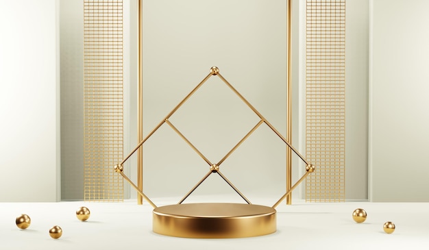 Representación 3D de fondo de producto en blanco para cosméticos en crema Fondo de podio de oro moderno