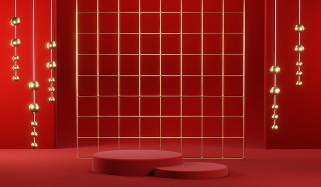 Representación 3D de fondo de producto en blanco para cosméticos en crema Fondo de podio rojo moderno