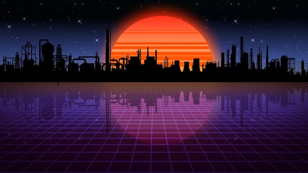 Representación 3D de fondo retro futurista en el espacio virtual contra el fondo de la zona industrial