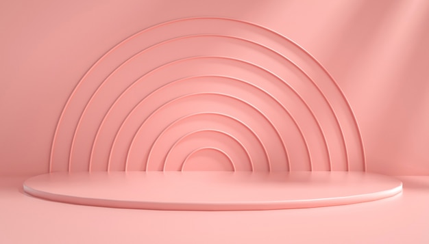 Representación 3D de fondo rosa abstracto con podio semicircular para exhibición de productos