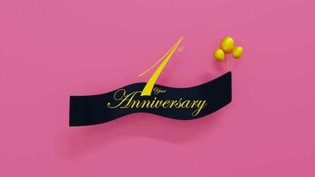 Representación 3D Fondo de tarjeta de aniversario de 1er año con texto de fuente y globos de oro suave Ilustración de render 3d