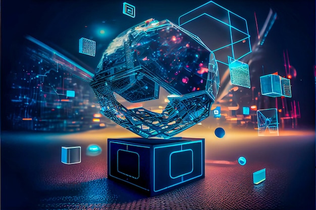 Representación 3D del fondo de la tecnología Metaverse con conexiones de red blockchain