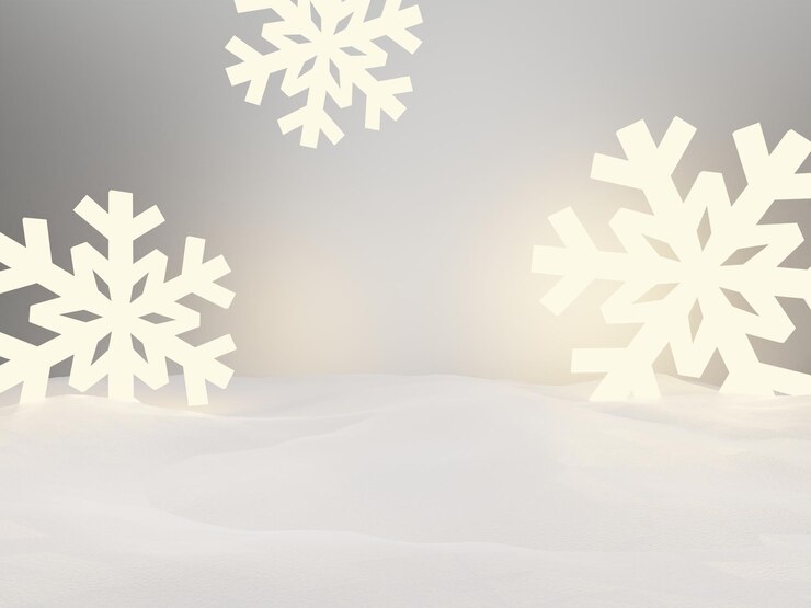 Representación 3D Fondo de visualización de producto de disparo de estudio navideño o estacional con iluminación de copos de nieve