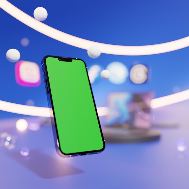 Foto representación 3d foto al teléfono con una pantalla verde