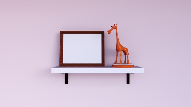 Representación 3d foto de marco en blanco con decoración de pared jirafa juguete
