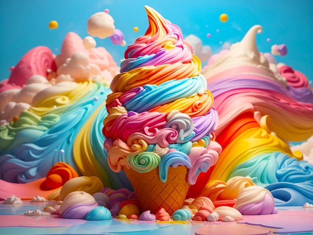 Representación 3d de fusión de helado suave y colorido generada por IA