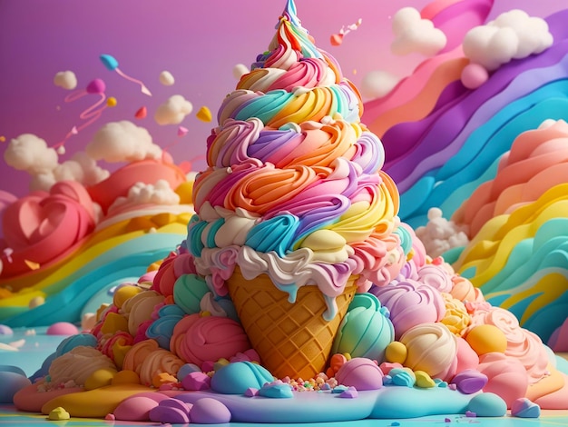 Representación 3d de fusión de helado suave y colorido generada por IA