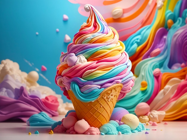 Representación 3d de fusión de helado suave y colorido generada por IA