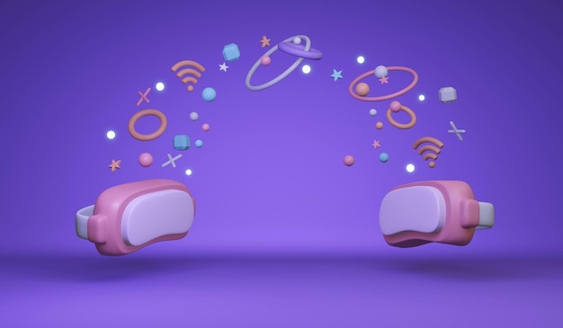 Representación 3D de gafas VR de metaverso que transfieren información de datos sobre el concepto de fondo tecnología futura juegos de realidad virtual. Estilo de dibujos animados de ilustración de procesamiento 3D.