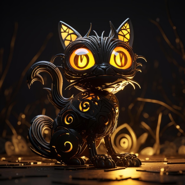 Representación 3D de un gato negro con ojos brillantes