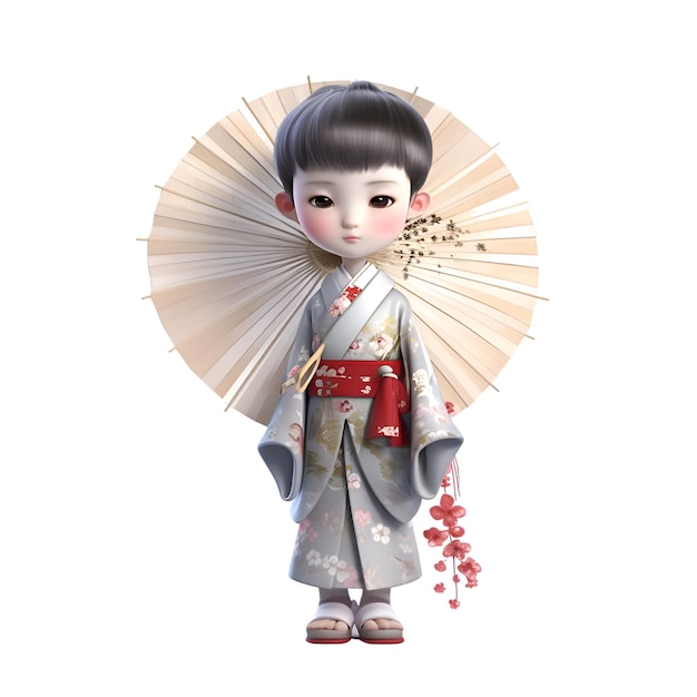 Representación 3D de una geisha japonesa con un ventilador aislado sobre fondo blanco.