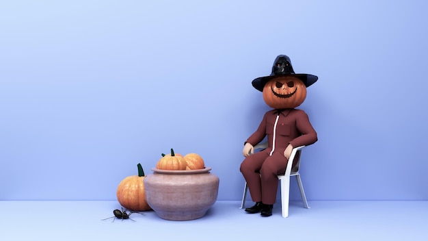 Representación 3d de la gente con cabeza de calabaza y sombrero de mago sentado con tarro de calabaza