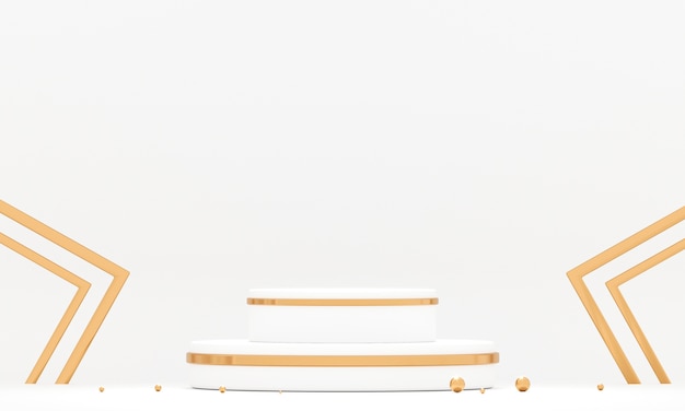 Representación 3D de geometría de podio redondo con elementos blancos y dorados.