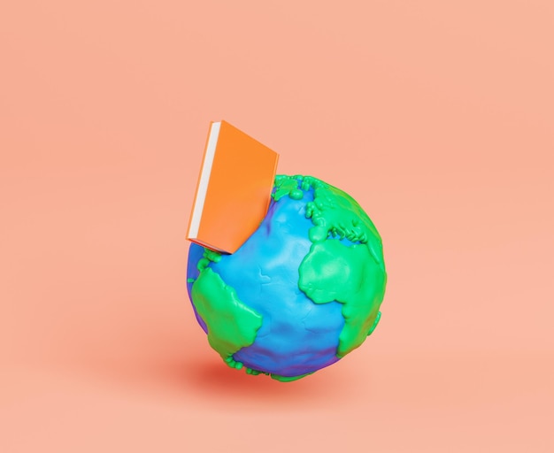 Foto representación 3d de globo de arcilla con libro sobre fondo naranja