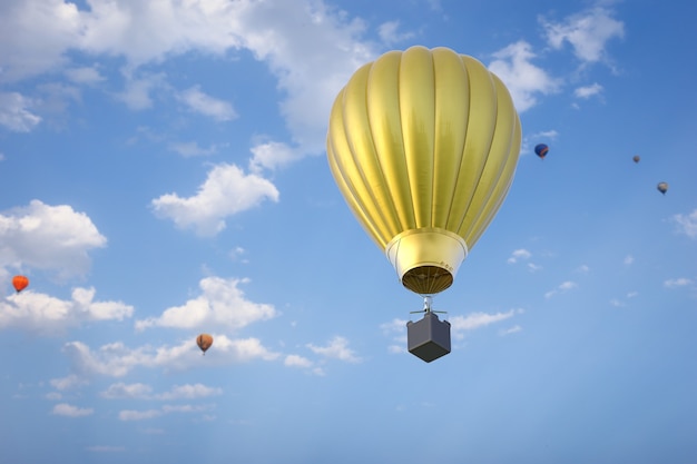 Representación 3D de globos de aire caliente vuelan en el cielo azul